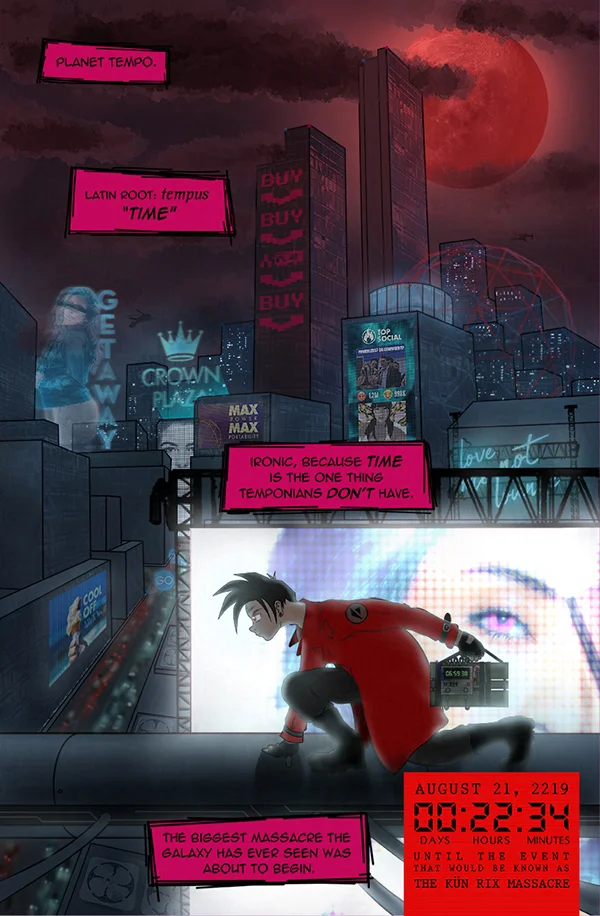 a radiant collapse chapter one page one preview: the terrorist known as Mr. B crouches atop a building holding a dirty bomb in the midst of a sprawling futuristic cityscape