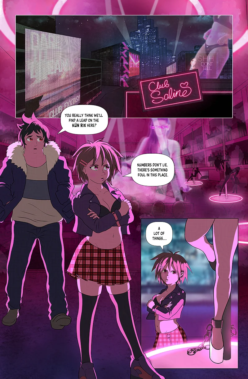 a radiant collapse chapter one page two preview: roz doubleclock and ken bright enter a shady nightclub featuring holograms and exotic dancers as they search for the Kün Rix terrorist group