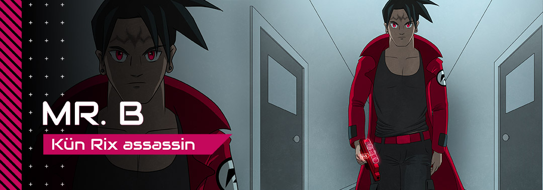 Mr. B Kün Rix assassin walks menacingly down a hallway